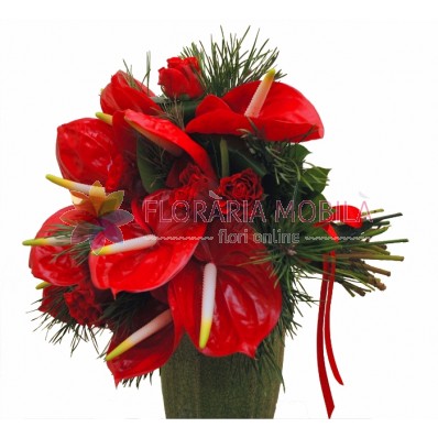 buchete flori cu anthurium rosu si trandafiri rosii