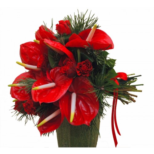 buchete flori cu anthurium rosu si trandafiri rosii