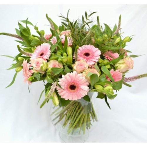 buchet cu trandafiri, gerbera, alstroemeria, veronica